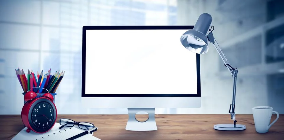 Composite image of image of a desk with computer Ilustración de archivo