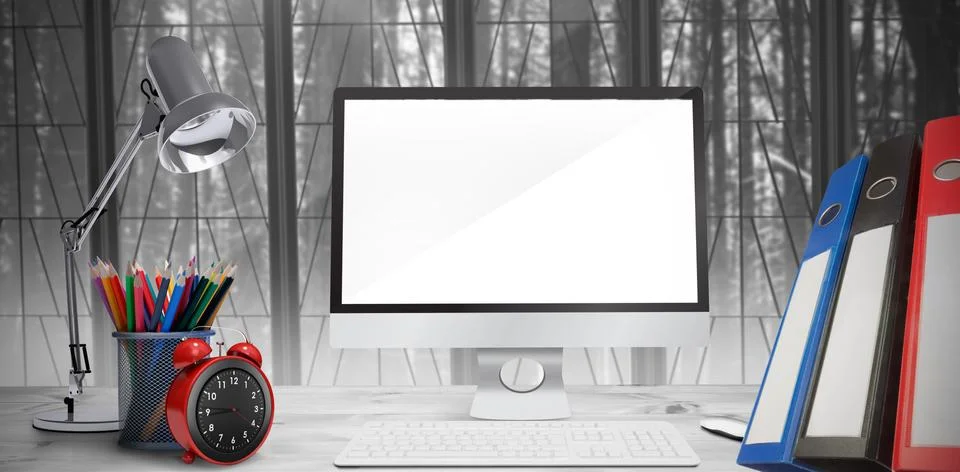 Composite image of image of a desk with computer Illustrazione stock