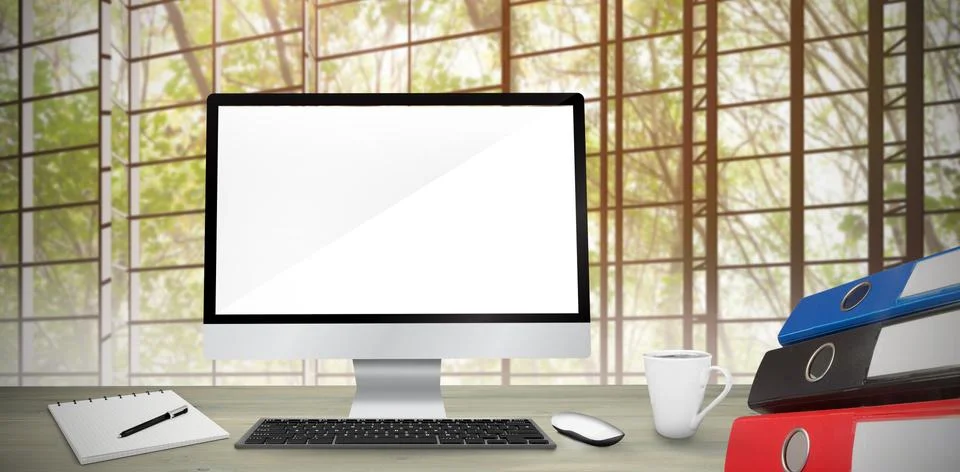 Composite image of image of a desk with computer Illustrazione stock
