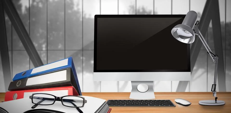 Composite image of image of a desk with computer Illustrazione stock