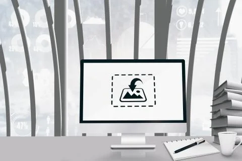 Composite image of image of a desk with computer Ilustración de archivo