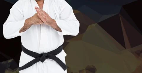 Composite image of karateka doing kung fu against dark background Stock Photos