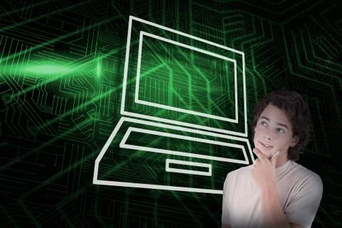 Composite image of laptop and thinking casual man Stock Illustration