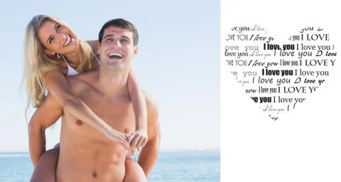 Composite image of laughing man giving his pretty girlfriend a piggy back 스톡 일러스트