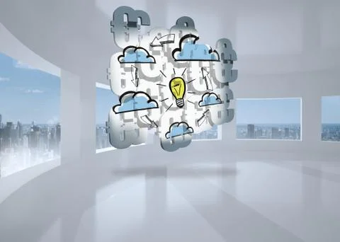 Composite image of light bulb and clouds on abstract screen Illustrazione stock