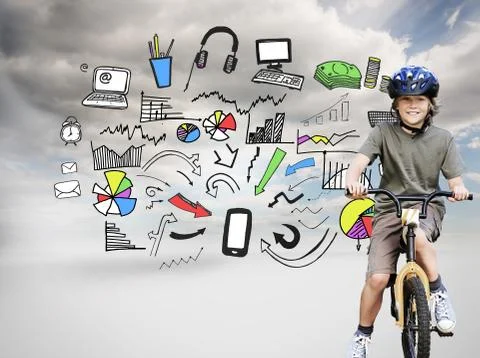 Composite image of little boy with his bike in a park Illustrazione stock