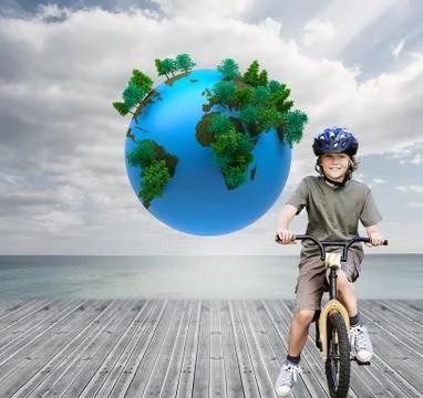 Composite image of little boy with his bike in a park Stock Illustration
