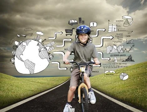 Composite image of little boy with his bike in a park Stock Illustration