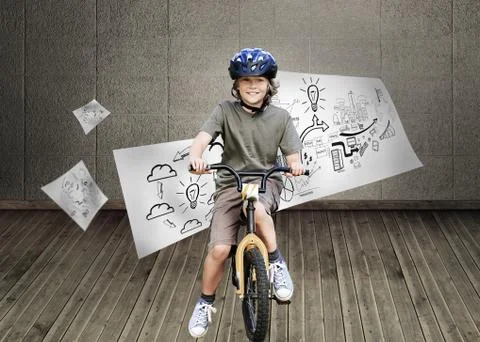 Composite image of little boy with his bike in a park Ilustración de archivo