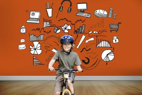 Composite image of little boy with his bike in a park Illustrazione stock