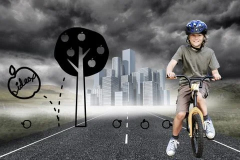 Composite image of little boy with his bike in a park Illustrazione stock
