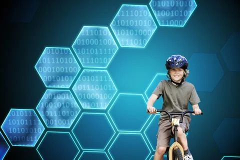 Composite image of little boy with his bike in a park Stockillustratie