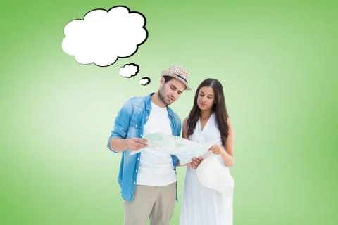 Composite image of lost hipster couple looking at map Stock Illustration