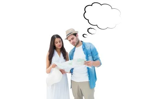 Composite image of lost hipster couple looking at map Stock Illustration