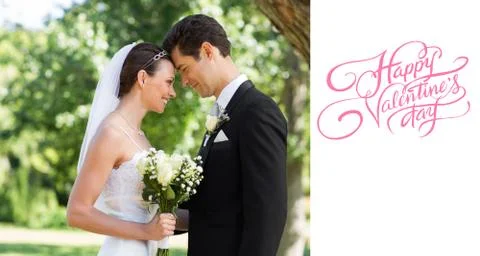 Composite image of loving newly wed couple in garden Ilustração Stock