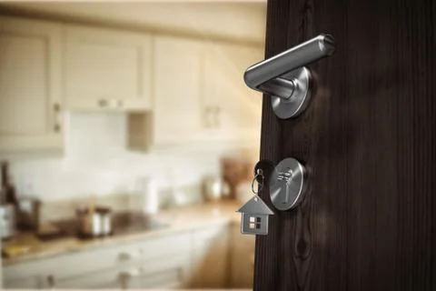 Composite image of low angle view of brown door with house key Illustrazione stock
