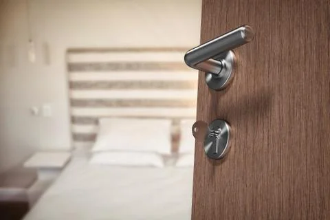 Composite image of low angle view of brown door with key Stock Illustration