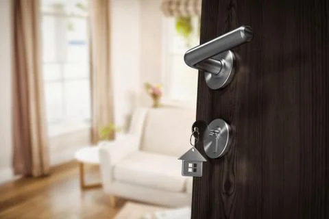 Composite image of low angle view of brown door with house key Stock Illustration