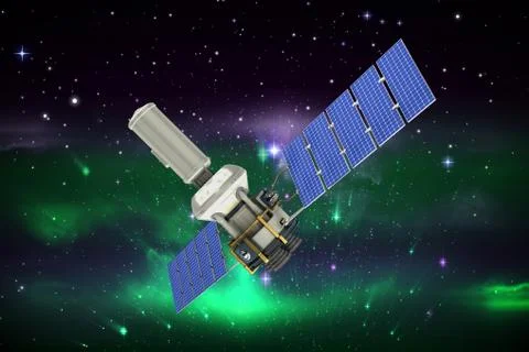 Composite image of low angle view of a 3d modern solar satellite Stock Illustration