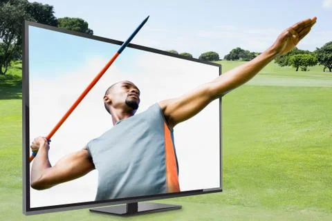 Composite image of low angle view of sportsman practising javelin throw Stock Photos