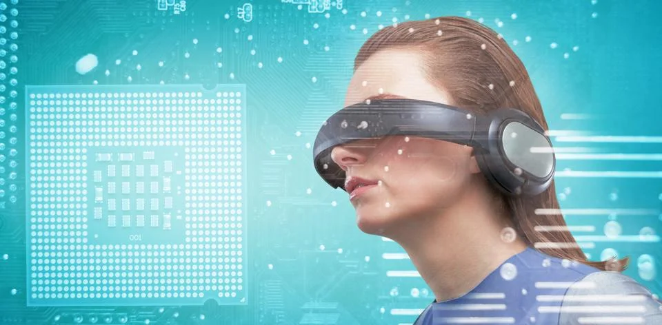 Composite image of low angle view of woman trying virtual reality Stock Photos