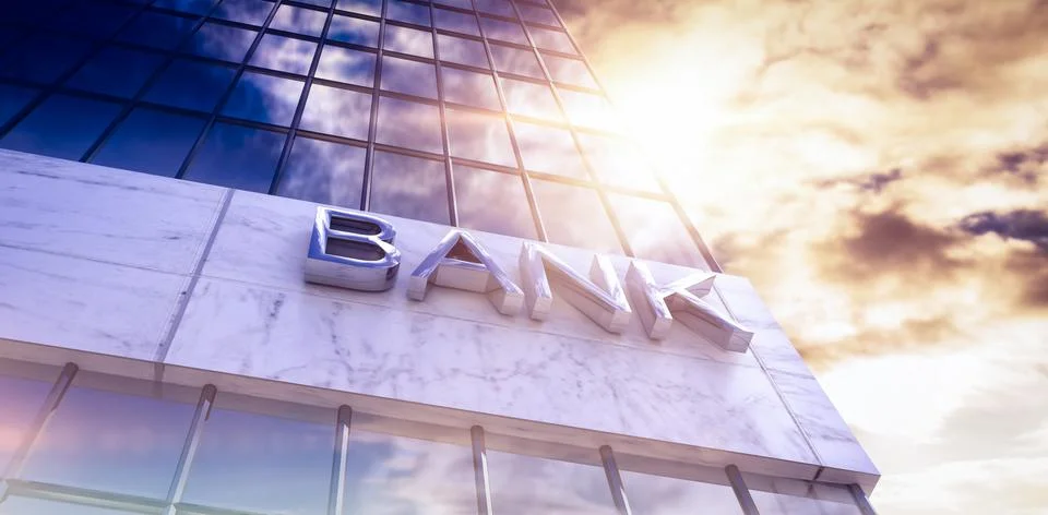 Composite image of low angle view of bank text building Stock Photos