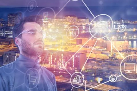 Composite image of low angle view of man wearing protective eyewear 3d Stockfoto's