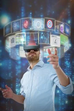 Composite image of low angle view of man using oculus rift headset 3d Stock Photos
