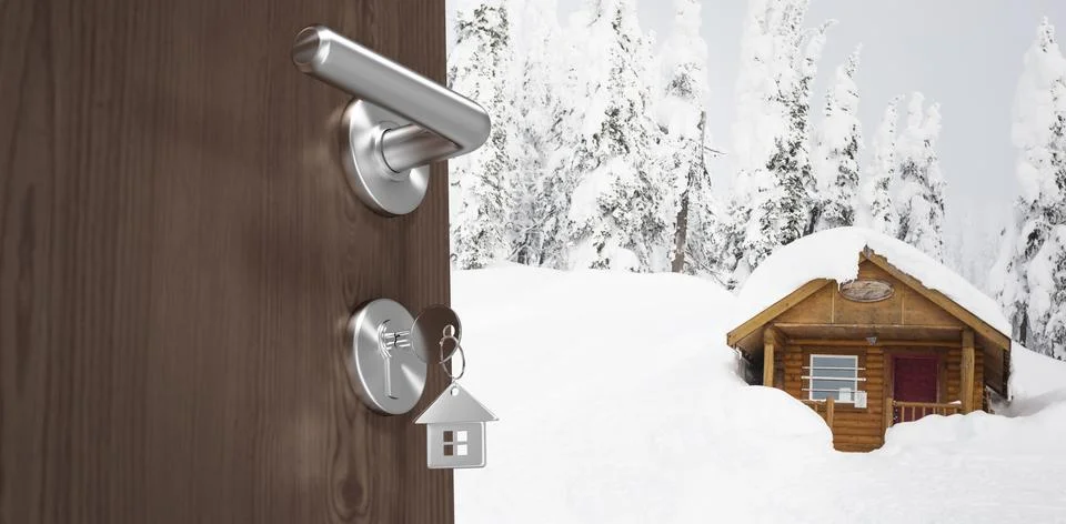 Composite image of low angle view of brown door with house key Photos