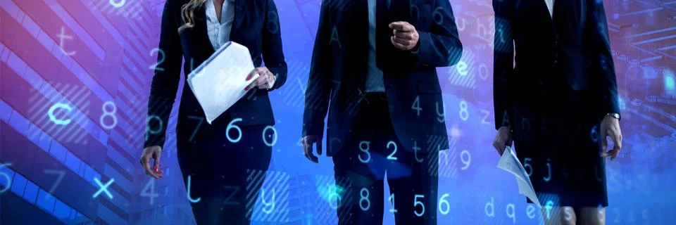 Composite image of low angle view of colleagues walking against white Foto stock