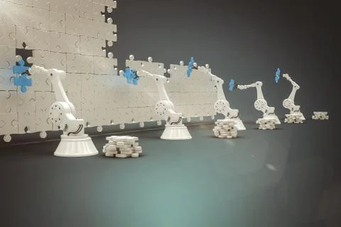 Composite image of machineries arranging blue jigsaw piece on puzzle 3d Stockillustratie