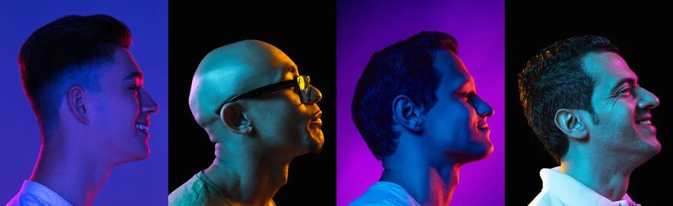Composite image made of side view of male portrait isolated on colored neon Stock Photos