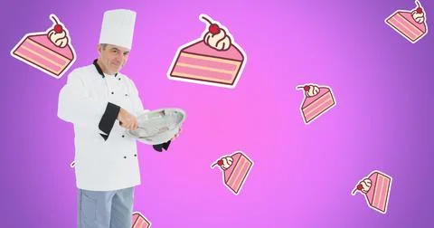 Composite image of male chef preparing food with pastry vector over purple Stock Photos
