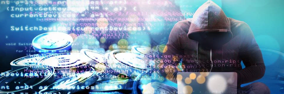 Composite image of male hacker using laptop 스톡 사진