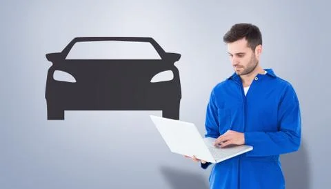 Composite image of male mechanic using laptop Stock Illustration