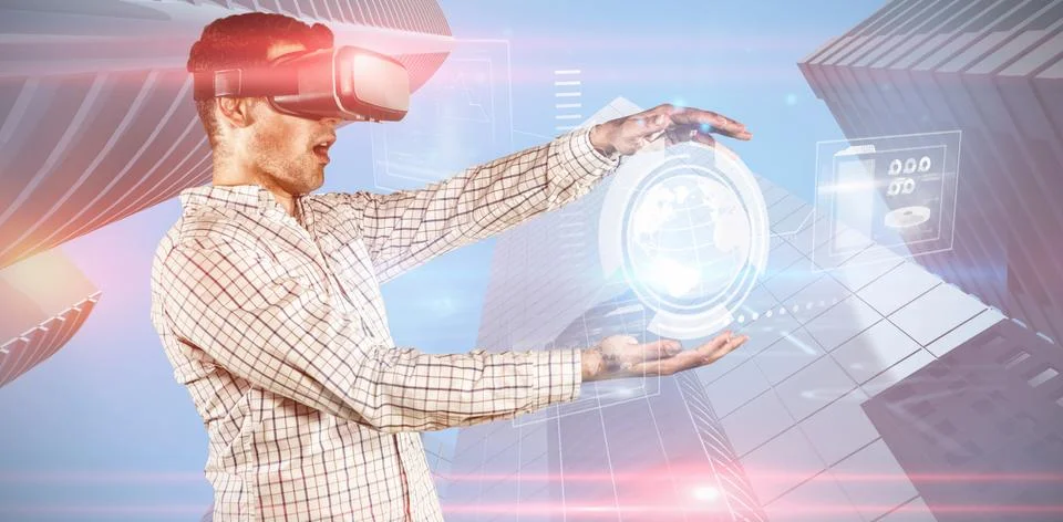 Composite image of male playing virtual reality headset Stock Photos