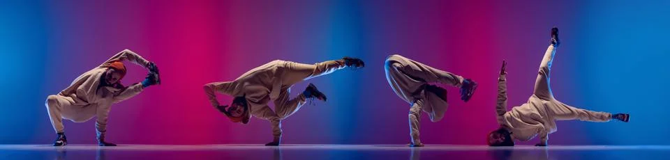 Composite image with man dancing hip-hop, breakdance in white clothes on Stock Photos