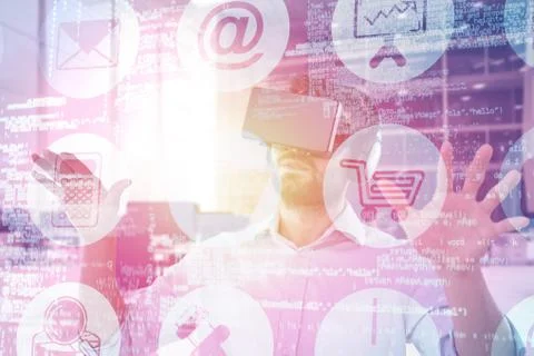 Composite image of man gesturing while using black virtual reality headset 3d 스톡 사진