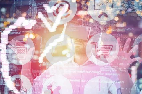 Composite image of man gesturing while using black virtual reality headset 3d 写真素材
