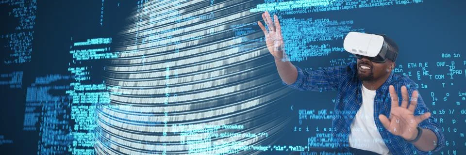 Composite image of man gesturing while using virtual reality headset 스톡 사진