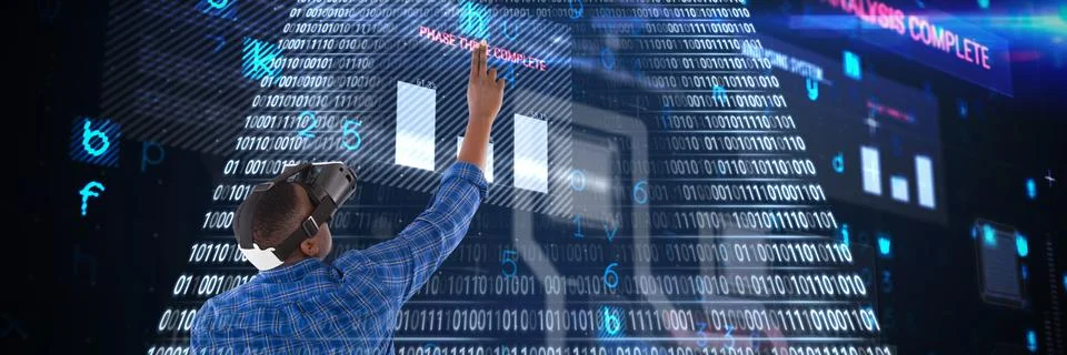 Composite image of man gesturing while using virtual reality headset Stockfoto's