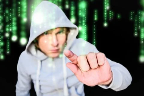 Composite image of man in hood jacket 库存照片