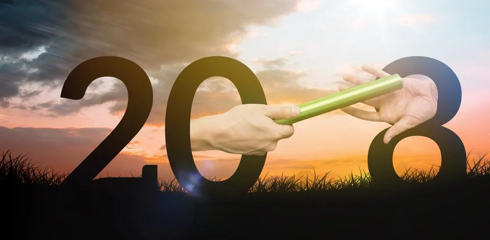 Composite image of  man passing the baton to partner on track Stock Photos