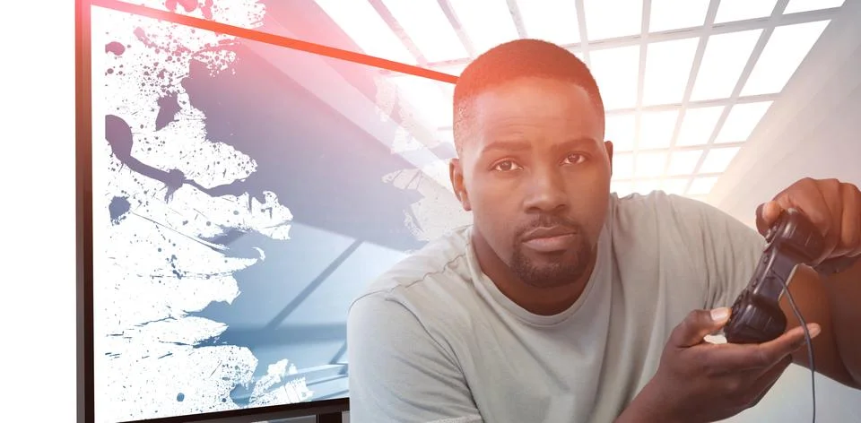 Composite image of man playing video game against white background Stock Photos