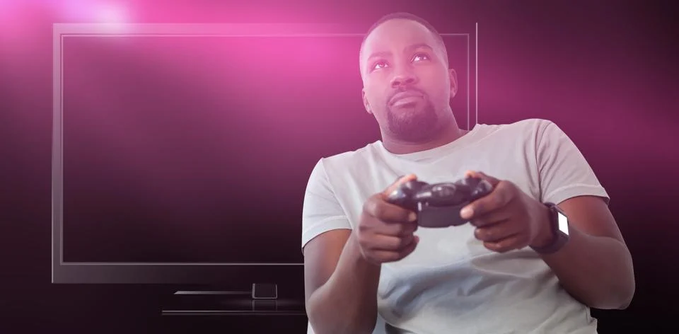 Composite image of man playing video game against white background 스톡 사진