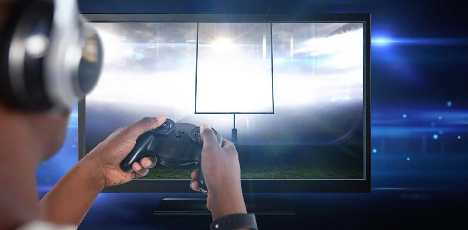 Composite image of man playing video game against white background 스톡 사진