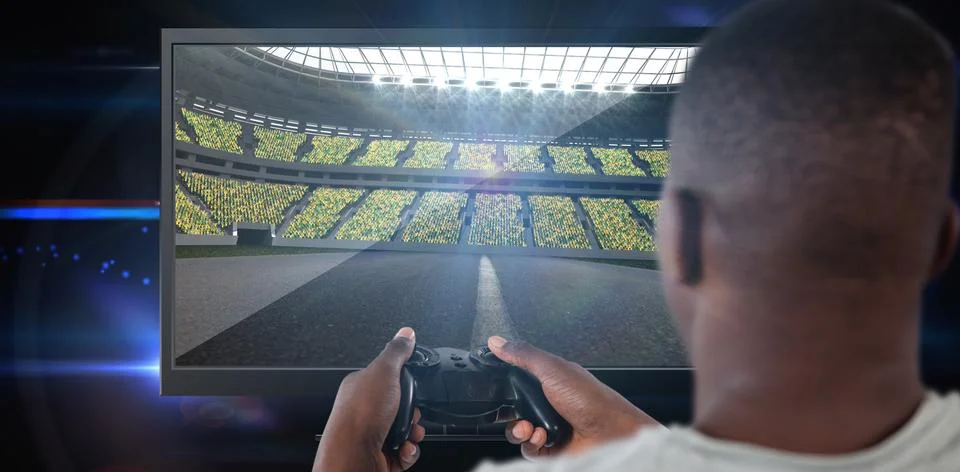 Composite image of man playing video game against white background Stock Photos