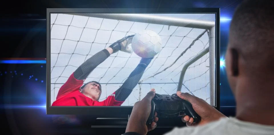 Composite image of man playing video game against white background Stock Photos