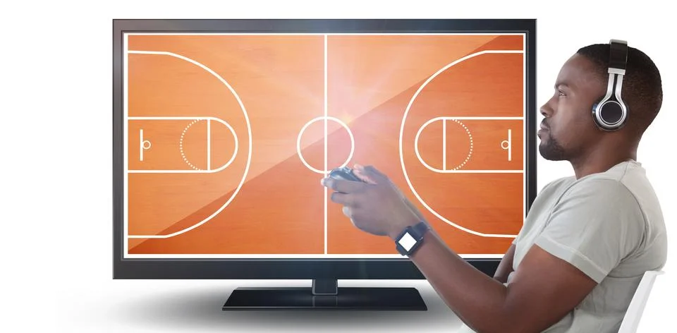 Composite image of man playing video game against white background Stock Photos