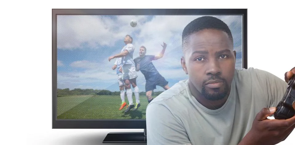Composite image of man playing video game against white background 스톡 사진